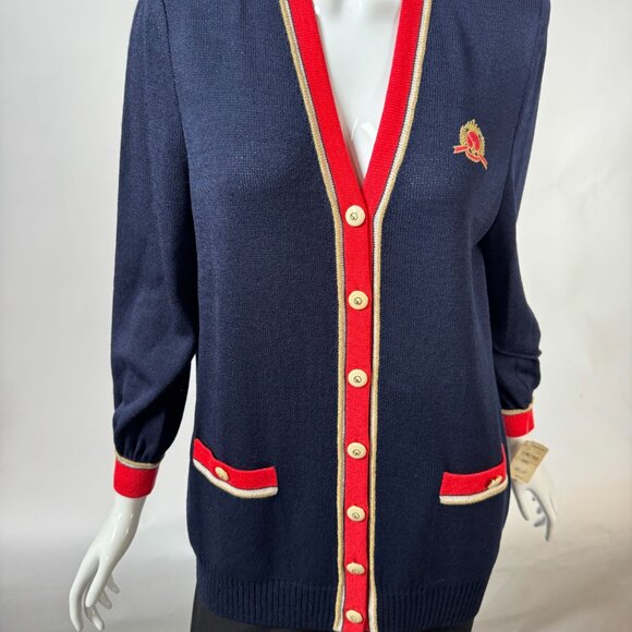 St. John Collection By Marie Gray Navy Cardigan With Red & Gold Trim S - Picture 16 of 16